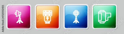Set line Softbox light, Photo camera flash, and Camera roll cartridge. Colorful square button. Vector