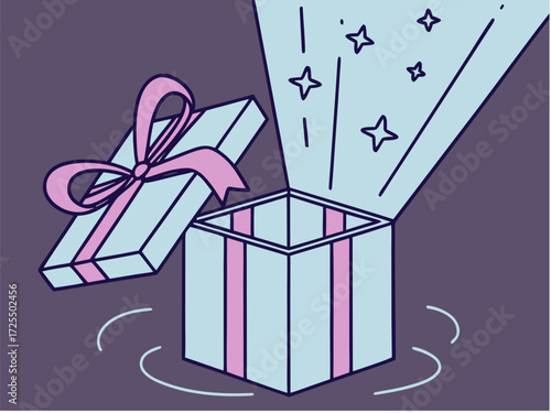 Delightful surprise illustration with magical stars and a pink ribbon, perfect for celebrations, gifts, and special occasions. Vector design for joyful moments