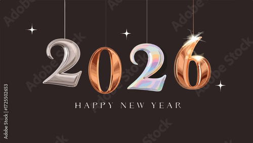 Happy new year 2026 celebration with shiny hanging numbers