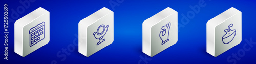 Set Isometric line Calendar with haircut day, Round makeup mirror, Medical rubber gloves and Washbasin icon. Vector
