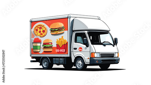 White delivery truck with fast food images on the side