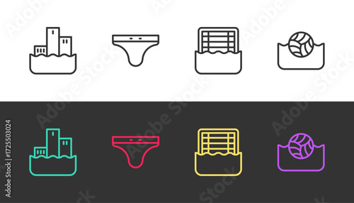 Set line Winner podium, Swimming trunks, Water polo and on black and white. Vector