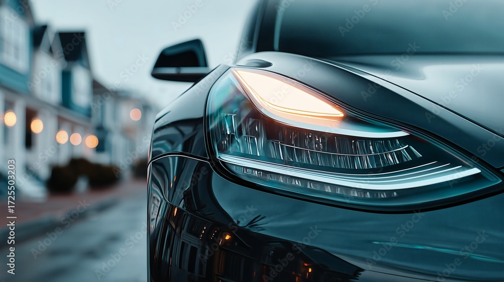 Obraz premium Sleek black electric car headlight illuminates modern street at dusk symbolizing innovation and stylish urban travel