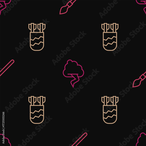 Set line Medieval spear, Quiver with arrows and Cloud and lightning on seamless pattern. Vector