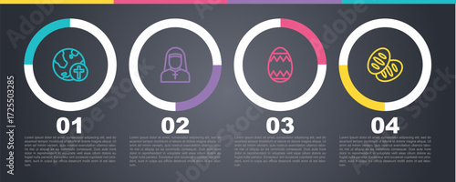 Set line Christian cross with globe, Nun, Easter egg and bread. Business infographic template. Vector