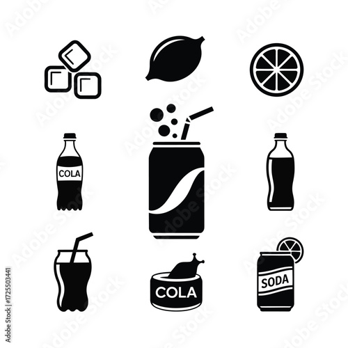 Soda and Juice Icons  Minimal Drink Glass, Bottle, Lemon, Sugar Cubes, and Fizzy Beverage Set for Packaging, UI, and Health Awareness Design