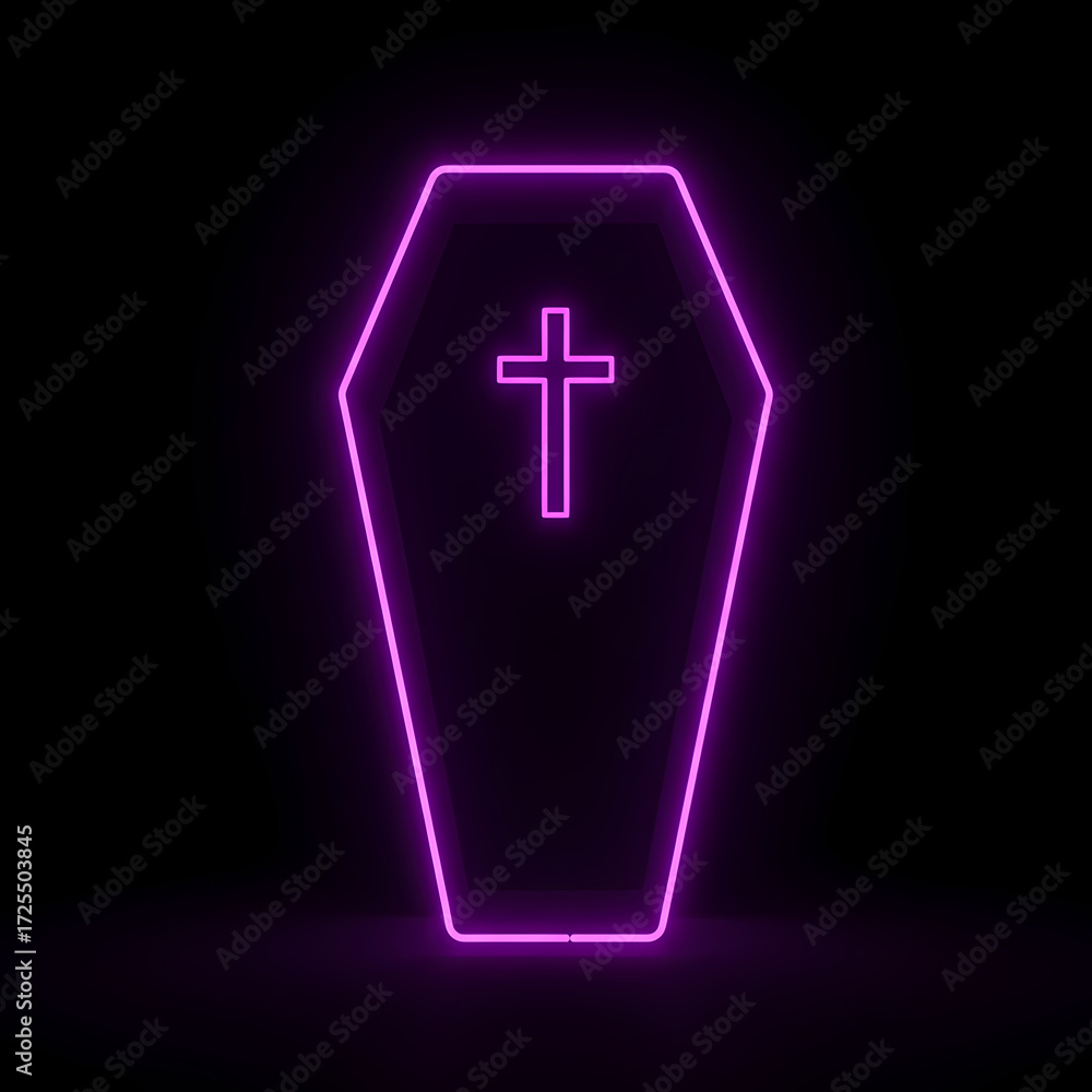 Obraz premium Neon coffin with cross glowing in purple light on black background 