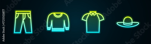 Set line Pants, Sweater, Polo shirt and Elegant women hat. Glowing neon icon. Vector