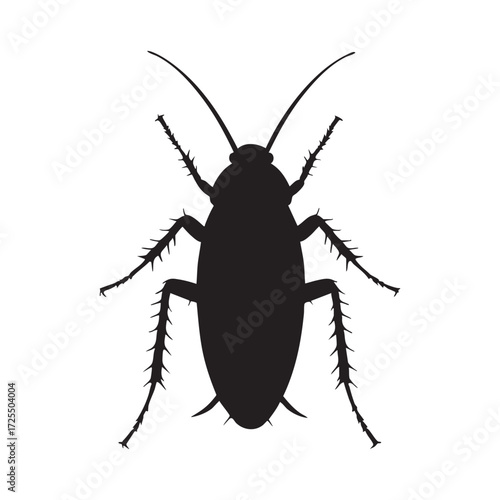 Silhouette of a cockroach viewed from above against a stark white background isolated insect illustration