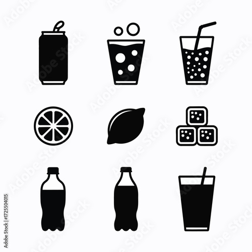 Minimalist Soda and Drink Icons  Can, Glass, Lemon, Bottle, Sugar Cube, and Fizzy Beverage Vector Set for UI, Packaging, and Infographic Use