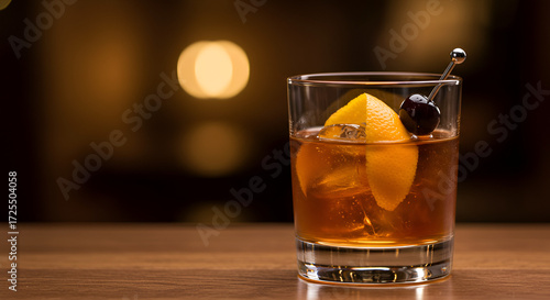 Elegant old fashioned cocktail with garnish on bar top illuminated by warm light