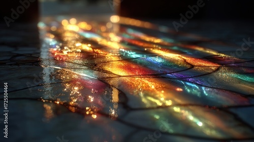 Multicolor disco light reflections on abstract surface