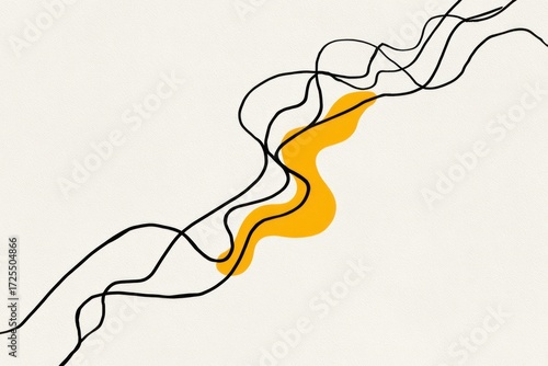 Abstract design with flowing black lines and a pop of yellow