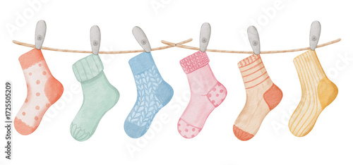 Watercolor illustration of assorted colorful socks hanging on clothesline isolated on transparent background