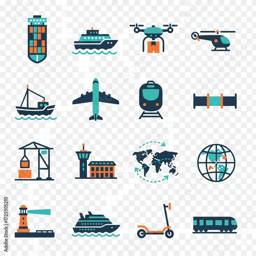 Logistics and transportation icons cargo ship, airplane, train, drone, helicopter, scooter, lighthouse, building, world map, globe, and pipeline