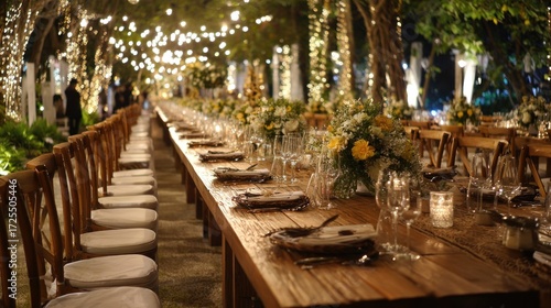 Long wooden banquet table, festively decorated, under string lights, at night