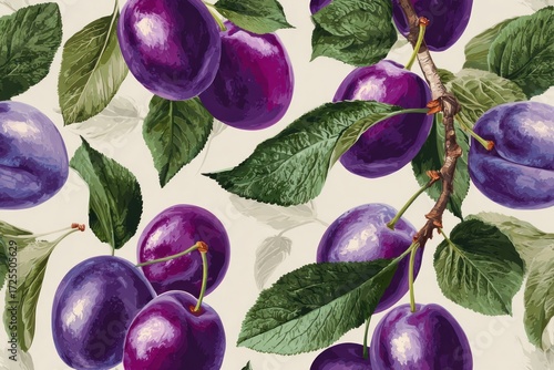 Plums and leaves, detailed pattern