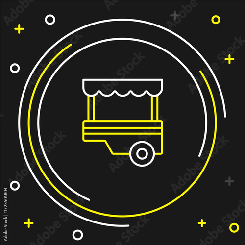 Line Fast street food cart with awning icon isolated on black background. Urban kiosk. Colorful outline concept. Vector