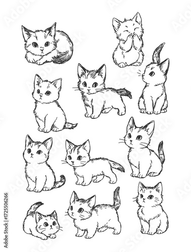 Cute hand-drawn doodle cats in playful poses, sketch style with expressive faces.