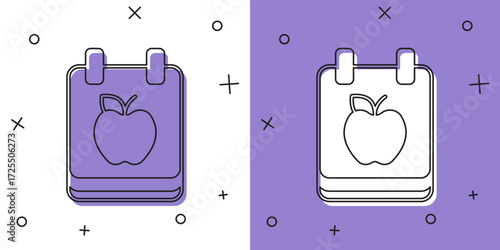 Set Diet plan icon isolated on isolated on white and purple background. Concept of fitness marathon, proper nutrition, healthy food, beautiful body, vegetables, slimming. Vector