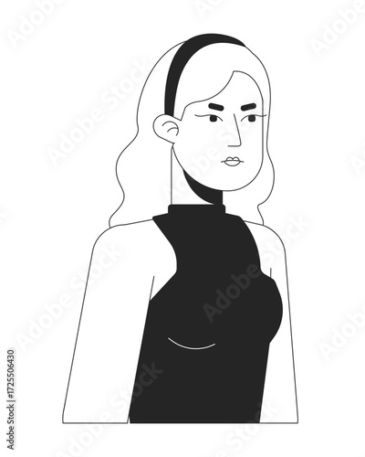Frowning blonde woman in black sleeveless top 2D line character. Headband long hair caucasian female with serious expression isolated vector ink outline person. Monochromatic spot illustration