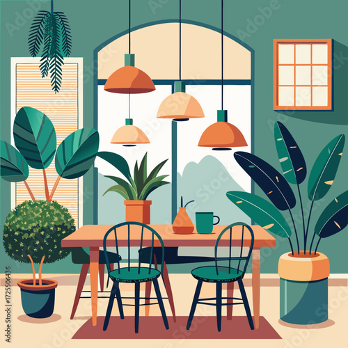 Cozy modern dining room with houseplants and warm ambient lighting illustration vector