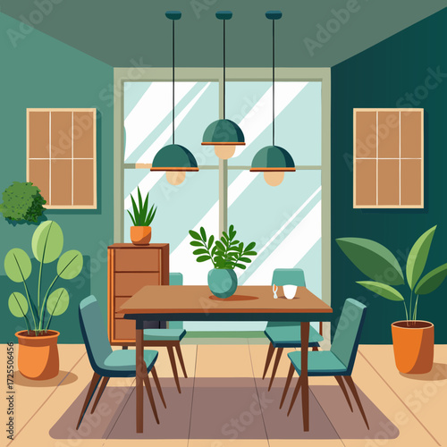 Modern minimalist dining room interior vector art with stylish furniture and natural light