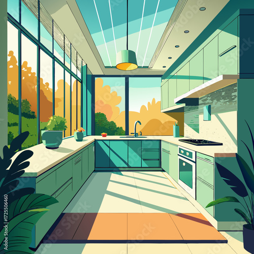 Bright modern minimalist kitchen with clean lines and sunlight vector illustration