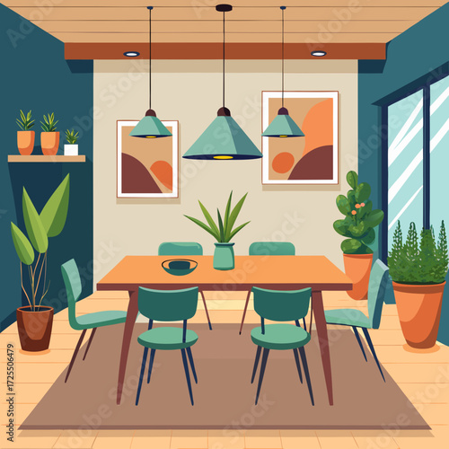 Modern minimalist dining room vector illustration with plants and artwork