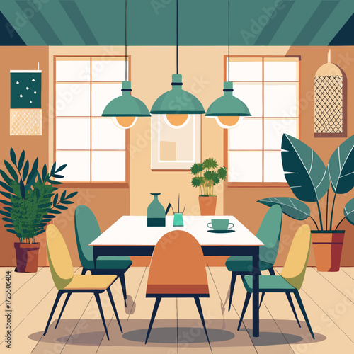 Modern minimalist dining room interior vector illustration with vibrant colorful chairs and pendant lights