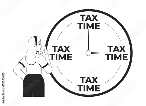 Tax season line illustration concept. Urgent task. Financial duty. Filing reminder. Woman taxpayer thinking about taxation time clock outline 2D character isolated. Ink linear metaphor vector art