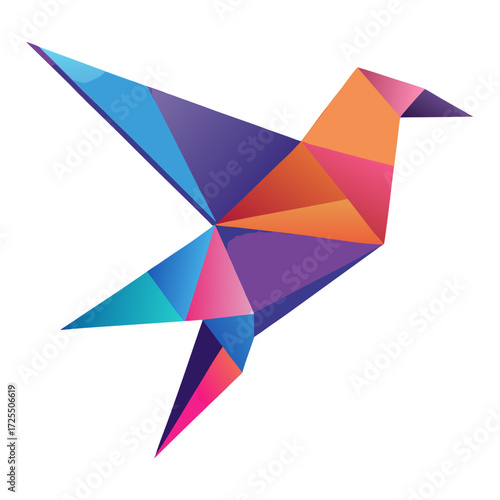 Colorful geometric origami bird in flight