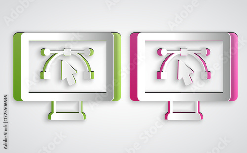 Paper cut Computer display with vector design program icon isolated on isolated on grey background. Photo editor software with user interface. Paper art style. Vector