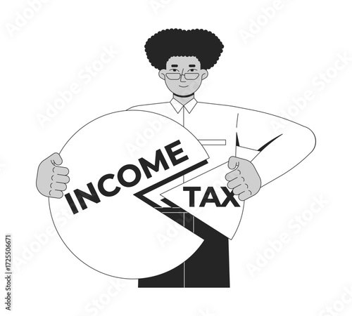Corporate income tax line illustration concept. Taxation earnings deduction. Budget slice. Business latino man holding pie chart outline 2D character isolated. Ink linear metaphor vector art
