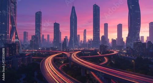 Fototapeta Naklejka Na Ścianę i Meble -  Futuristic Cityscape: Skyscrapers and Twilight Highway