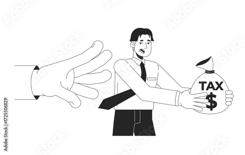 Corporate tax evasion line illustration concept. Asian man with money bag avoiding big hand reaching toward. Taxpayer stress. Tax fraud outline 2D character isolated. Ink linear metaphor vector art