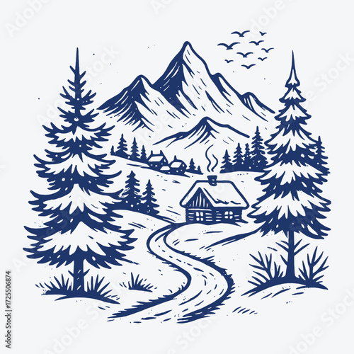 Cozy cabin surrounded by pine trees and mountains, peaceful woodland retreat scene.