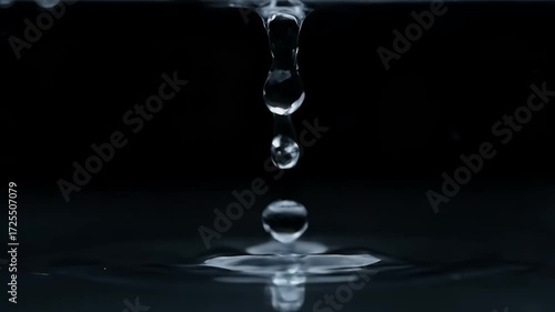Pure water drops falling onto a dark liquid surface, creating concentric ripples. Freshness, motion, and fluid dynamics.