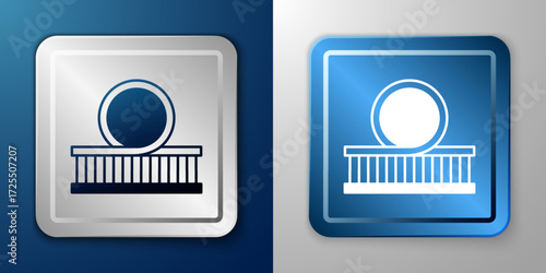 White Roller coaster icon isolated on blue and grey background. Amusement park. Childrens entertainment playground, recreation park. Silver and blue square button. Vector