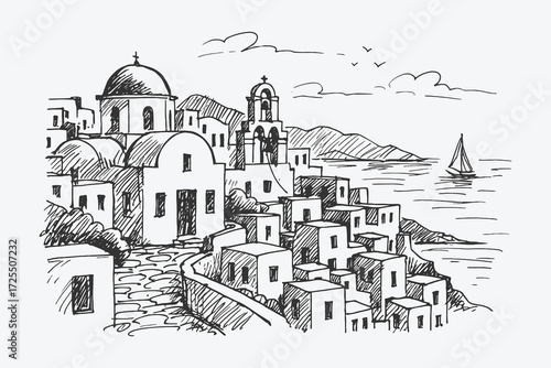 Seaside Greek town with white buildings, domes, and sailing boat, Mediterranean architecture charm.