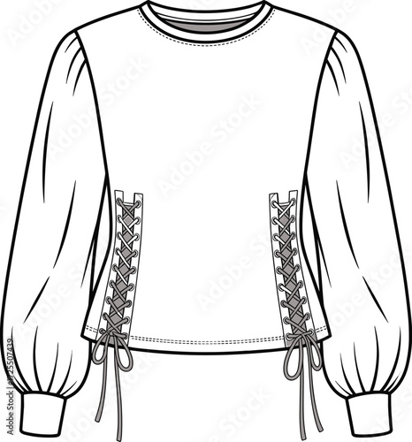 Long sleeve blouse, fashion sketch, lace-up sides, voluminous sleeves, round neckline, garment design, fitted waist, apparel illustration, clothing, retail