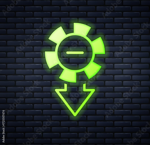 Glowing neon Casino chips icon isolated on brick wall background. Casino gambling. Vector