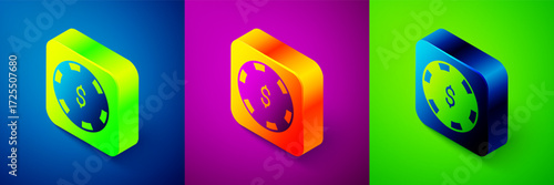 Isometric Casino chip with dollar symbol icon isolated on blue, purple and green background. Casino gambling. Square button. Vector