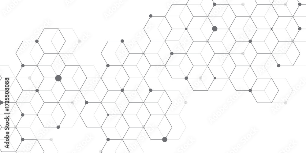 Obraz premium Molecular structure abstract tech background. Geometric white background. Vector banner design with hexagons. Science network pattern, connecting lines and dots Medical background, Vector illustration