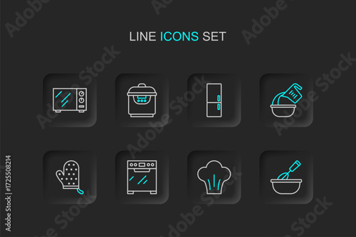 Set line Cooking whisk with bowl, Chef hat, Oven, glove, Measuring cup and, Refrigerator, Slow cooker and Microwave oven icon. Vector