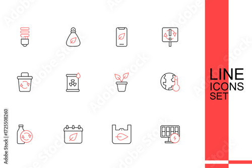 Set line Solar energy panel, Calendar autumn leaves, Recycling plastic bottle, Earth melting to global warming, Plant pot, Radioactive waste barrel and Recycle bin icon. Vector