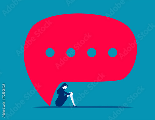 Sad. Businessman sitting under speech bubbles.