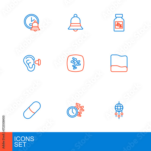 Set line Dream catcher with feathers, Alarm clock, Sleeping pill, Pillow, Earplugs and ear, Sleepy, and Ringing bell icon. Vector