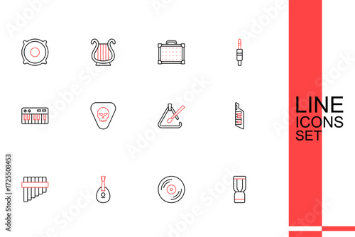 Set line African djembe drum, Vinyl disk, Mandolin, Pan flute, Keytar, Triangle musical instrument, Guitar pick and Music synthesizer icon. Vector