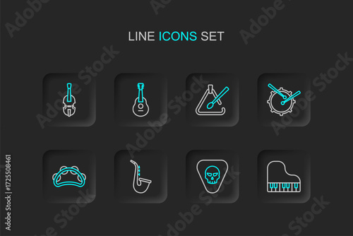Set line Grand piano, Guitar pick, Saxophone, Tambourine, Drum with drum sticks, Triangle musical instrument, and Violin icon. Vector